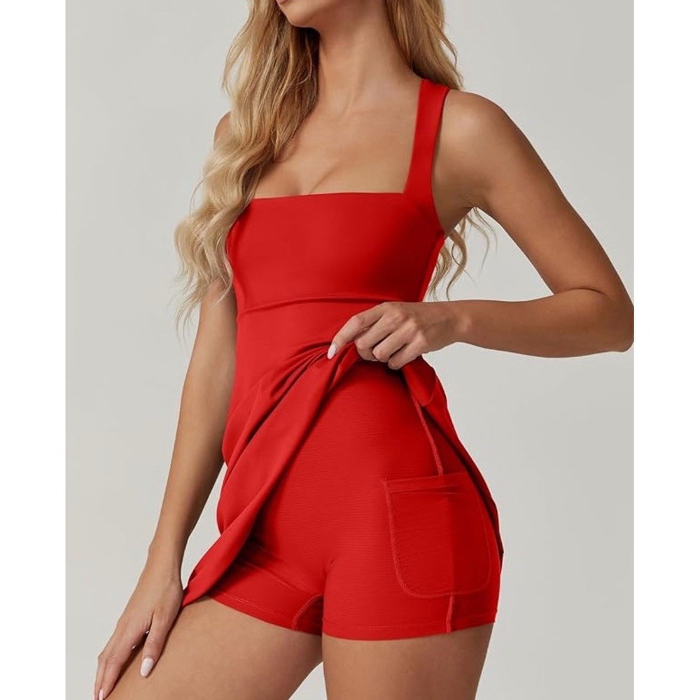 QINSEN Womens Red Tennis Dress Built in Shorts Pockets Square Neck Mini SZ Small - Picture 4 of 10